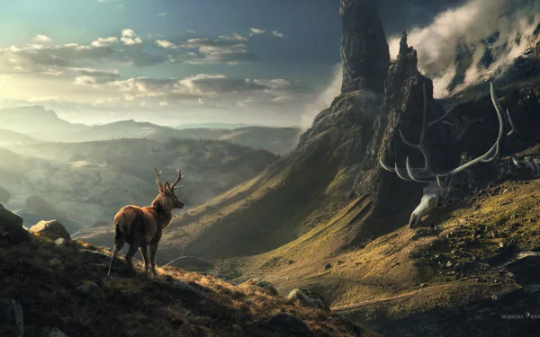 A stunning HD fantasy landscape wallpaper features a majestic deer overlooking a mountainous, artistic terrain, tagged with Desktopography.