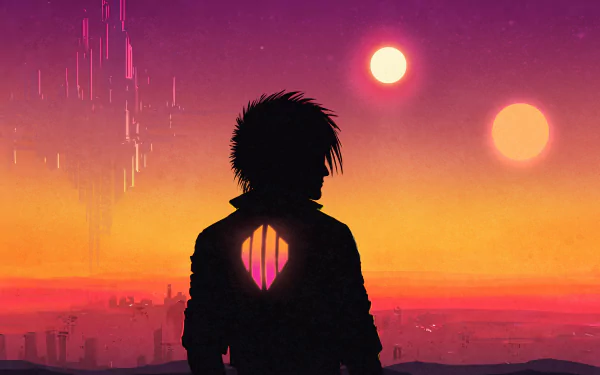 4K Ultra HD retrowave wallpaper featuring a silhouetted figure against a vibrant sunset with twin suns, inspired by Klayton and Scandroid's music aesthetic.