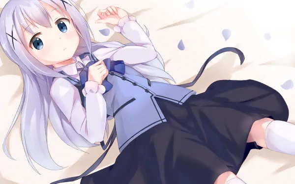 HD anime desktop wallpaper featuring Chino Kafū from Is the Order a Rabbit, lying down with soft petals scattered around.