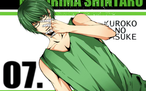 HD desktop wallpaper featuring Shintarō Midorima from Kuroko's Basketball. He has green hair and is dressed in a green tank top, striking a confident pose in front of a white background with text.