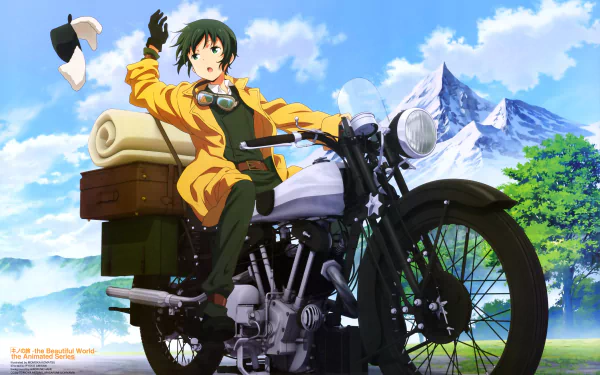 Kino from Kino's Journey anime sits on a motorcycle with luggage, set against a bright blue sky and mountain backdrop in this 4K Ultra HD PC desktop wallpaper.