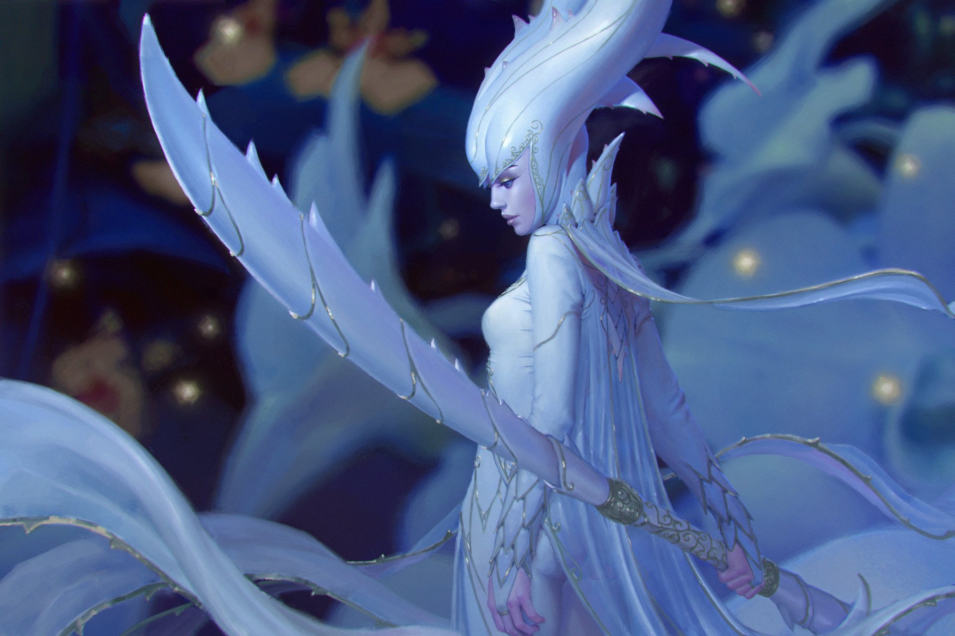 A fantasy-themed HD PC desktop wallpaper featuring a white-haired woman warrior wielding a spear, surrounded by an ethereal, glowing blue atmosphere.
