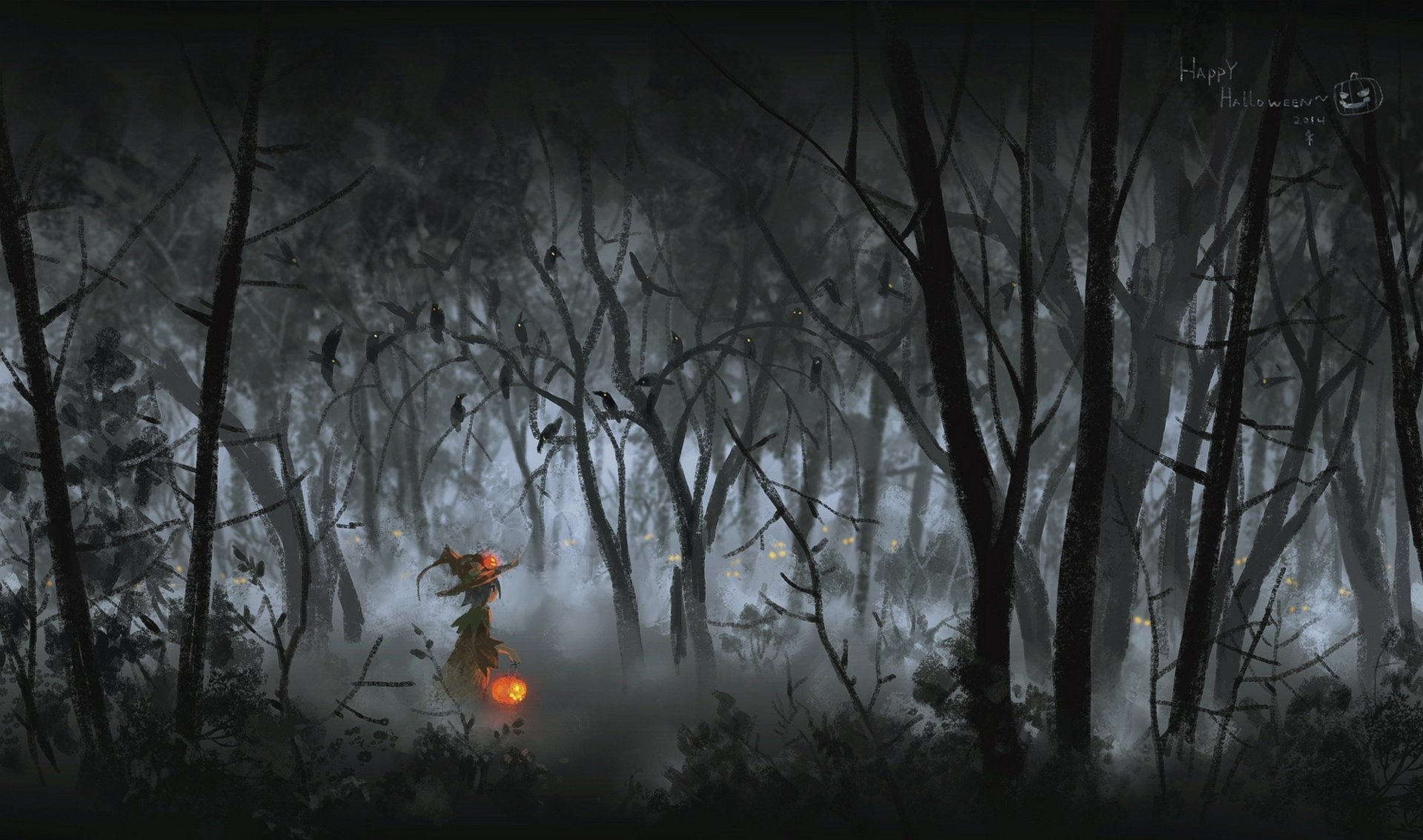 A child in a raven costume holds glowing pumpkins, surrounded by a dark forest. The night scene evokes a spooky Halloween atmosphere, enhanced by mist and silhouettes of trees.