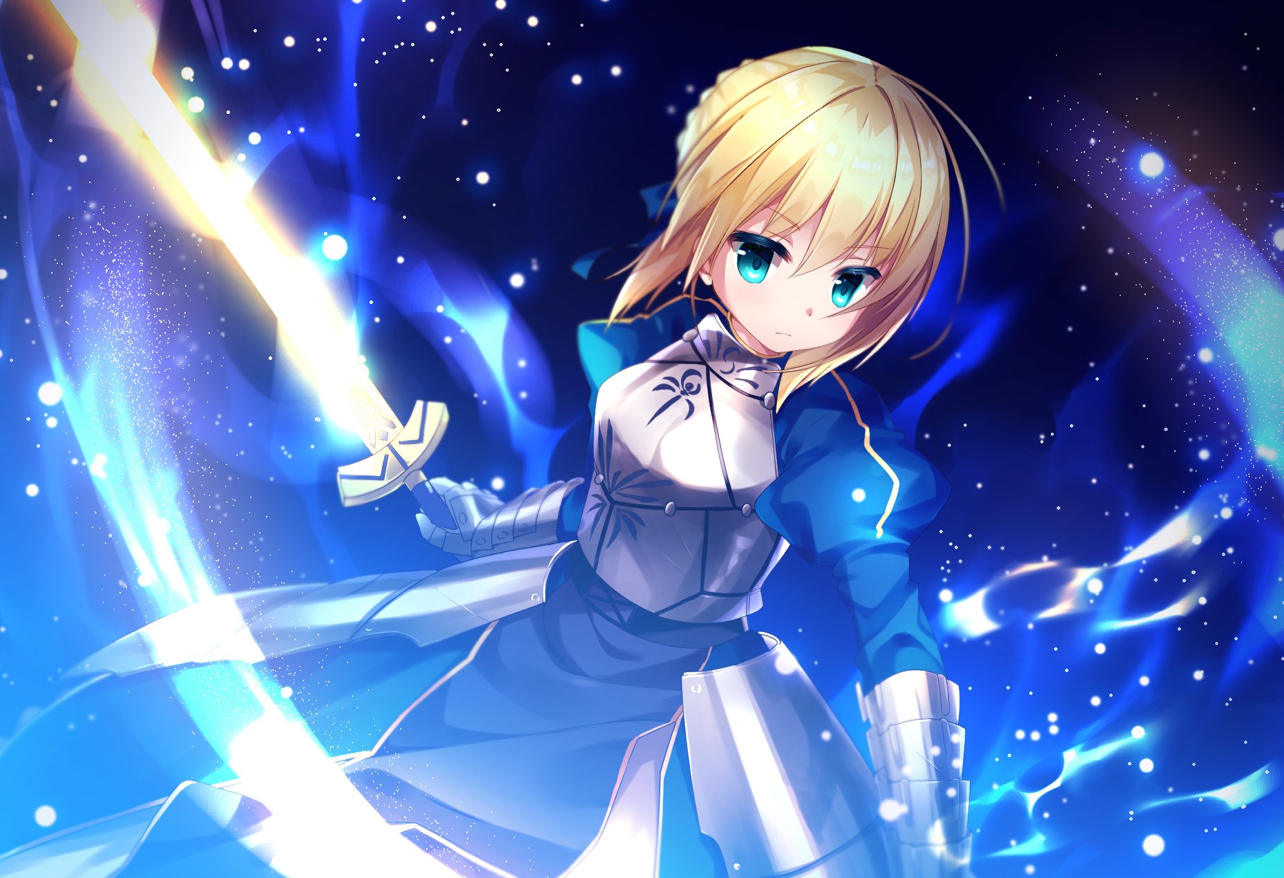 HD PC desktop wallpaper background of Saber (Fate/Stay Night) from the Fate series: anime-style blonde knight in blue armor brandishing a glowing sword amid swirling blue energy and stars.