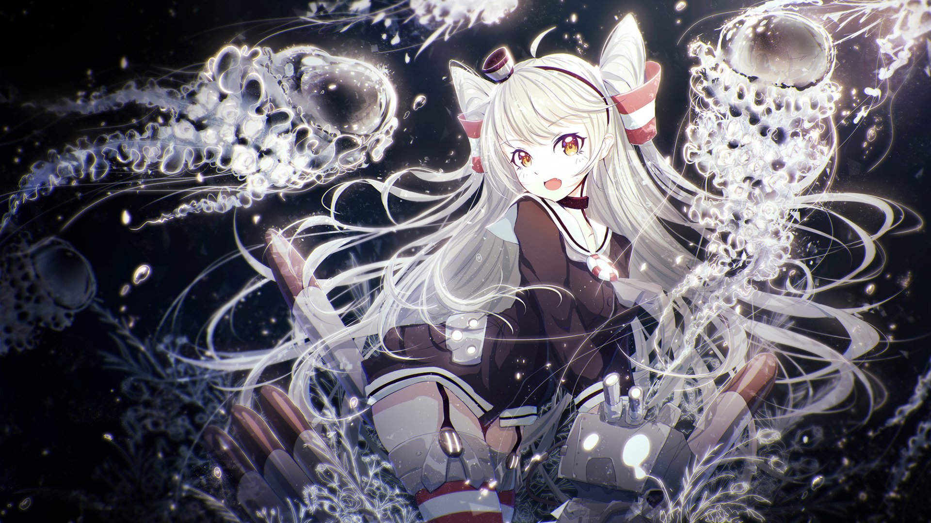 HD PC desktop wallpaper of Amatsukaze from Kantai Collection, featuring vibrant anime-style art with dynamic water effects and a dark, atmospheric background.