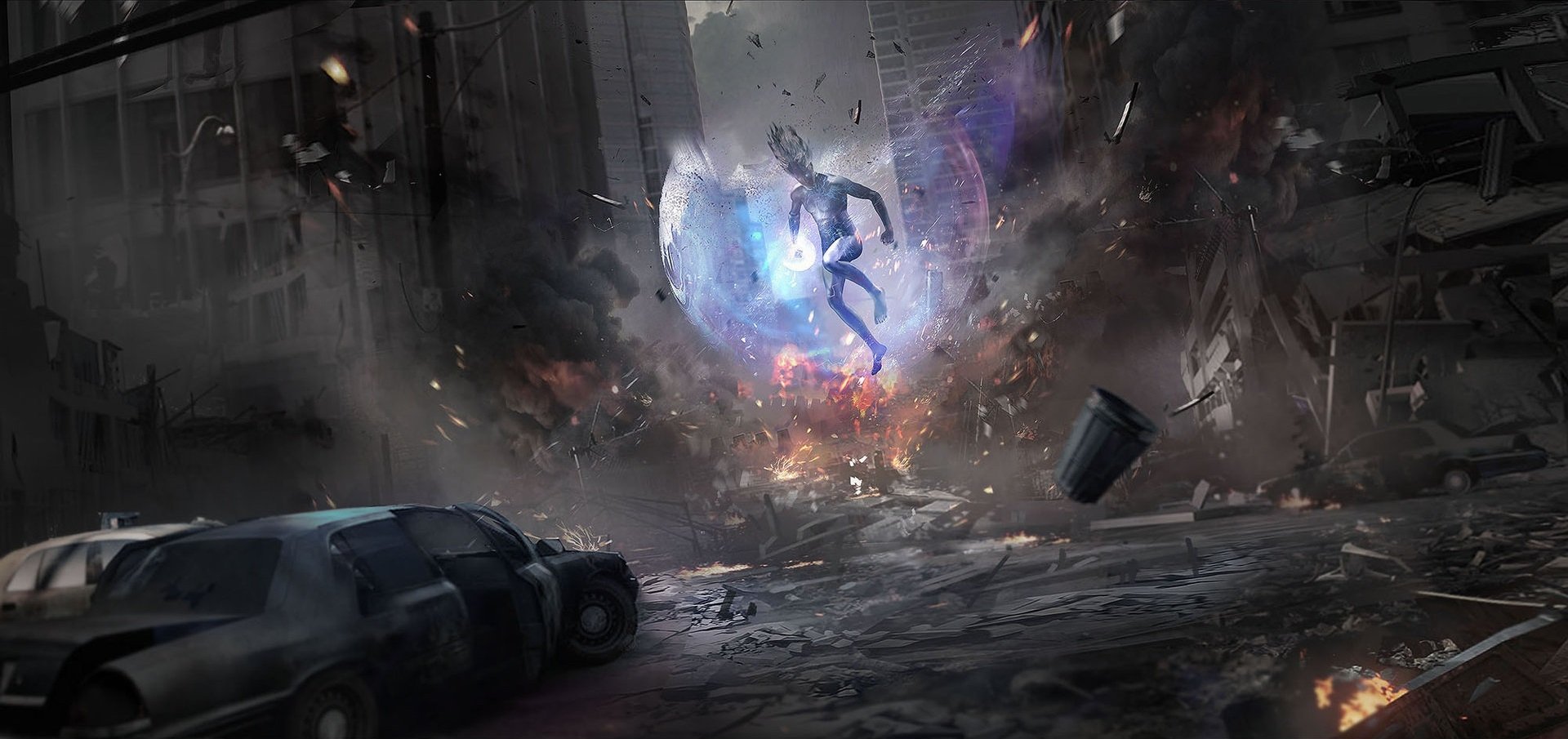 A dynamic sci-fi city scene with men caught in an explosion, surrounded by futuristic debris, rendered in high-definition for a PC desktop wallpaper.