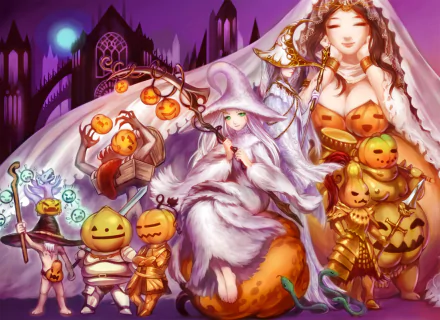 HD PC wallpaper featuring a Halloween-themed Dark Souls scene with characters surrounded by glowing jack-o'-lanterns and eerie purple gothic architecture.