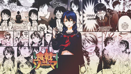 HD PC desktop wallpaper featuring Megumi Tadokoro from the anime Food Wars: Shokugeki no Soma, with a collage of manga panels in the background.