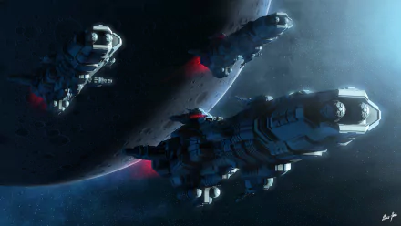 HD Sci-Fi wallpaper featuring spaceships flying near the moon in space, creating a captivating and futuristic background atmosphere.