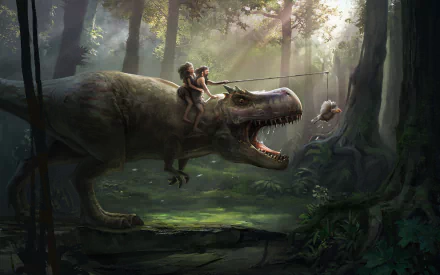 Humorous HD wallpaper featuring a Tyrannosaurus Rex in a lush forest, two humans riding its back, using a dangling treat to lead the dinosaur forward, creating a whimsical scene.