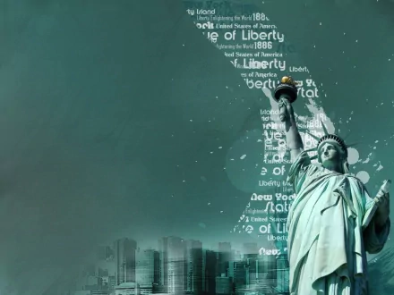 HD desktop wallpaper featuring the Statue of Liberty with text elements forming a cityscape background, showcasing the iconic man-made statue.