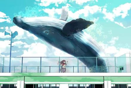 A whimsical anime HD wallpaper featuring a giant whale soaring above a fence, with a schoolgirl gazing in awe. The backdrop is a bright, dreamy sky filled with stars, adding to the surreal atmosphere.