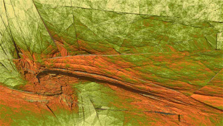 HD PC desktop wallpaper featuring an abstract green and orange Mandelbulber 3D fractal with cracked stone textures.