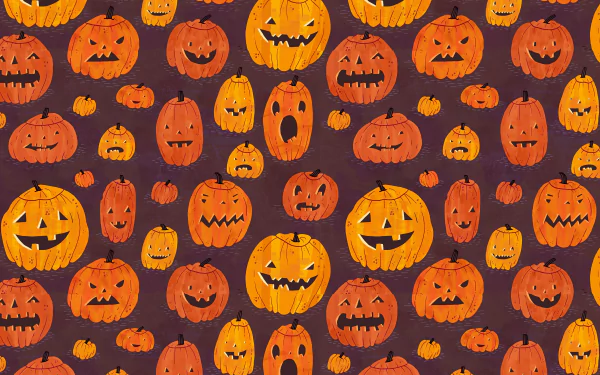 4K Ultra HD Halloween-themed PC desktop wallpaper featuring a vibrant pattern of various jack-o'-lanterns on a dark background for a festive holiday look.