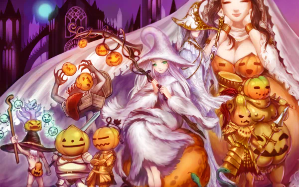 HD PC wallpaper featuring a Halloween-themed Dark Souls scene with characters surrounded by glowing jack-o'-lanterns and eerie purple gothic architecture.