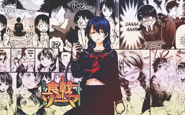 HD PC desktop wallpaper featuring Megumi Tadokoro from the anime Food Wars: Shokugeki no Soma, with a collage of manga panels in the background.