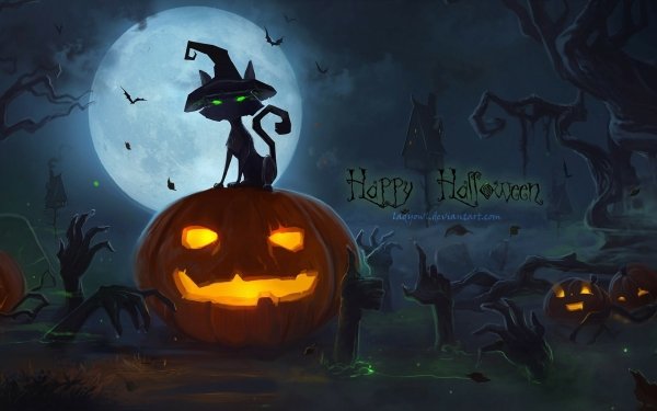 Holiday Halloween Hand Tree Moon Cat HD Wallpaper | Background Image