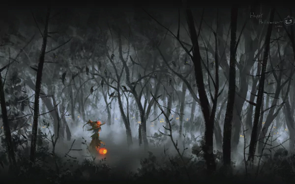 A child in a raven costume holds glowing pumpkins, surrounded by a dark forest. The night scene evokes a spooky Halloween atmosphere, enhanced by mist and silhouettes of trees.