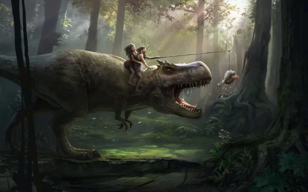 Humorous HD wallpaper featuring a Tyrannosaurus Rex in a lush forest, two humans riding its back, using a dangling treat to lead the dinosaur forward, creating a whimsical scene.