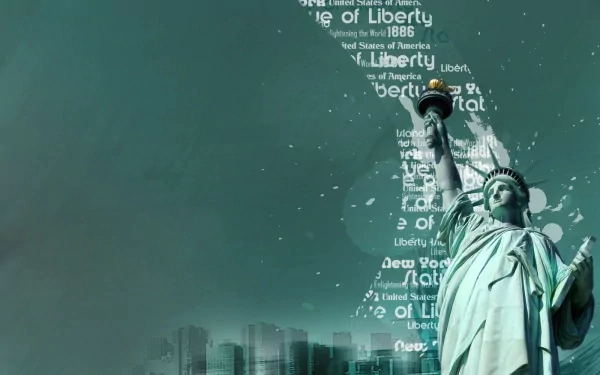 HD desktop wallpaper featuring the Statue of Liberty with text elements forming a cityscape background, showcasing the iconic man-made statue.