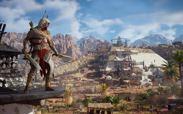 HD desktop wallpaper featuring Bayek Of Siwa from the video game Assassin's Creed Origins, standing on a ledge overlooking a detailed landscape with ancient structures and mountains in the background.