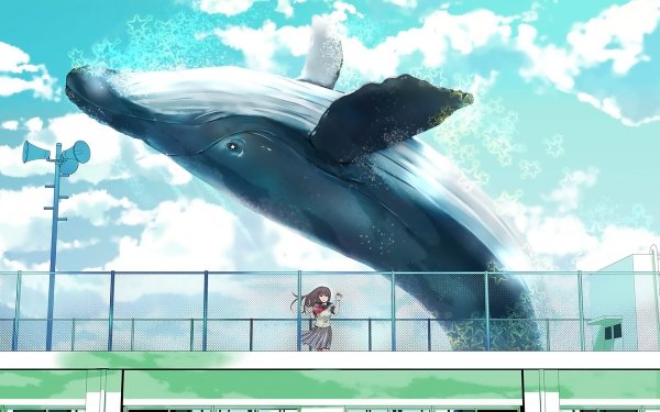 Anime Original Whale Schoolgirl Fence Giant Star HD Wallpaper | Background Image