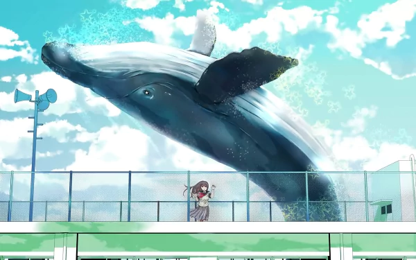 A whimsical anime HD wallpaper featuring a giant whale soaring above a fence, with a schoolgirl gazing in awe. The backdrop is a bright, dreamy sky filled with stars, adding to the surreal atmosphere.