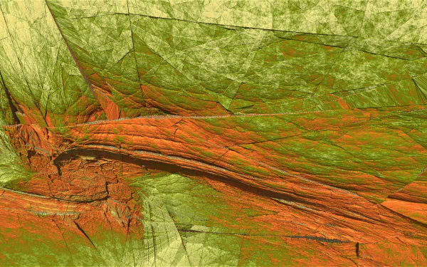 HD PC desktop wallpaper featuring an abstract green and orange Mandelbulber 3D fractal with cracked stone textures.