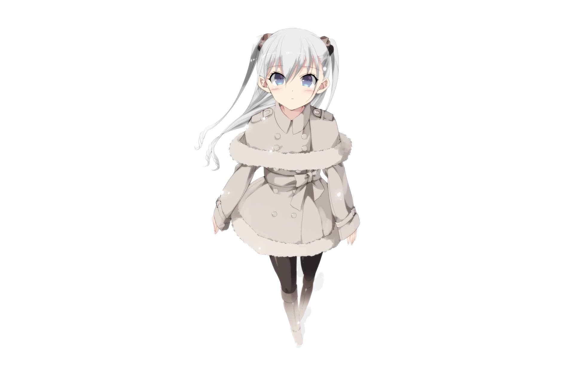 Anime original: white-haired, blue-eyed girl in a cozy fur-trimmed coat and black tights on a white background — 2K Quad HD PC desktop wallpaper/background