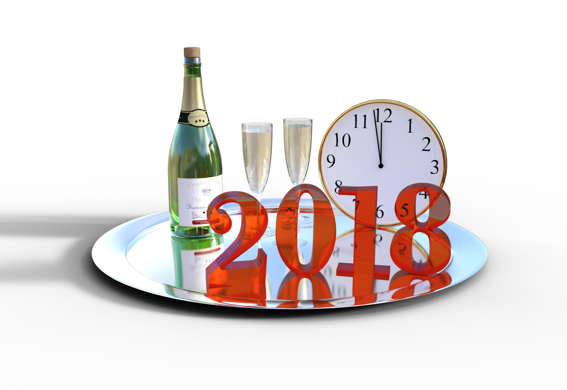 HD desktop wallpaper featuring a New Year 2018 celebration with a champagne bottle, two filled glasses, a clock nearing midnight, and red 2018 numbers on a reflective surface.