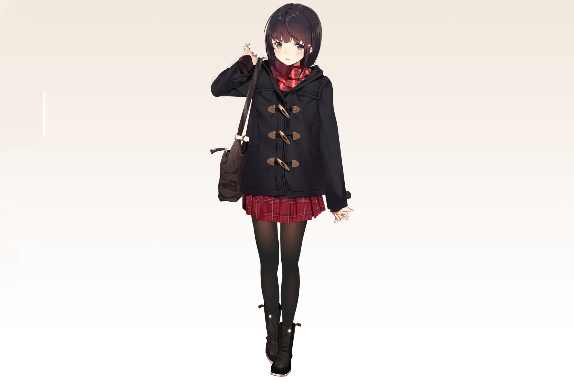 Anime-style original character wearing a black coat, red skirt, pantyhose, and boots, carrying a bag, set against a light background for HD PC desktop wallpaper.