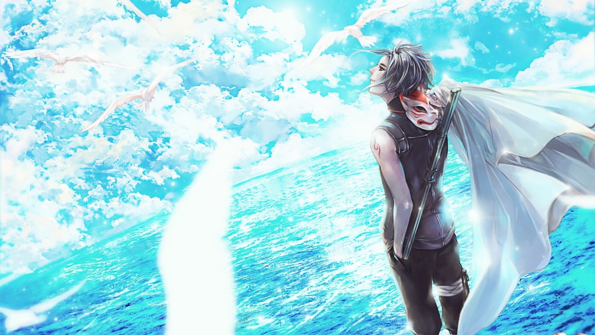 HD anime wallpaper featuring Kakashi Hatake from Naruto standing by the sea, looking at the sky with birds flying above. A serene and scenic background with a vibrant blue sea and clouds.