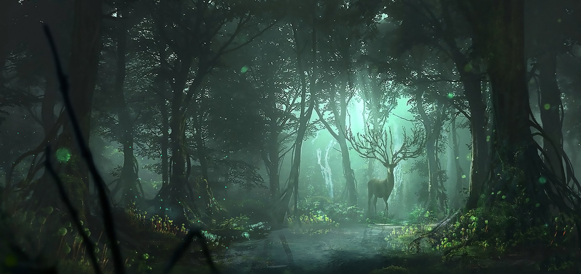 A mystical deer stands in an enchanting forest, surrounded by lush greenery, casting an ethereal glow in this HD fantasy landscape wallpaper and background.