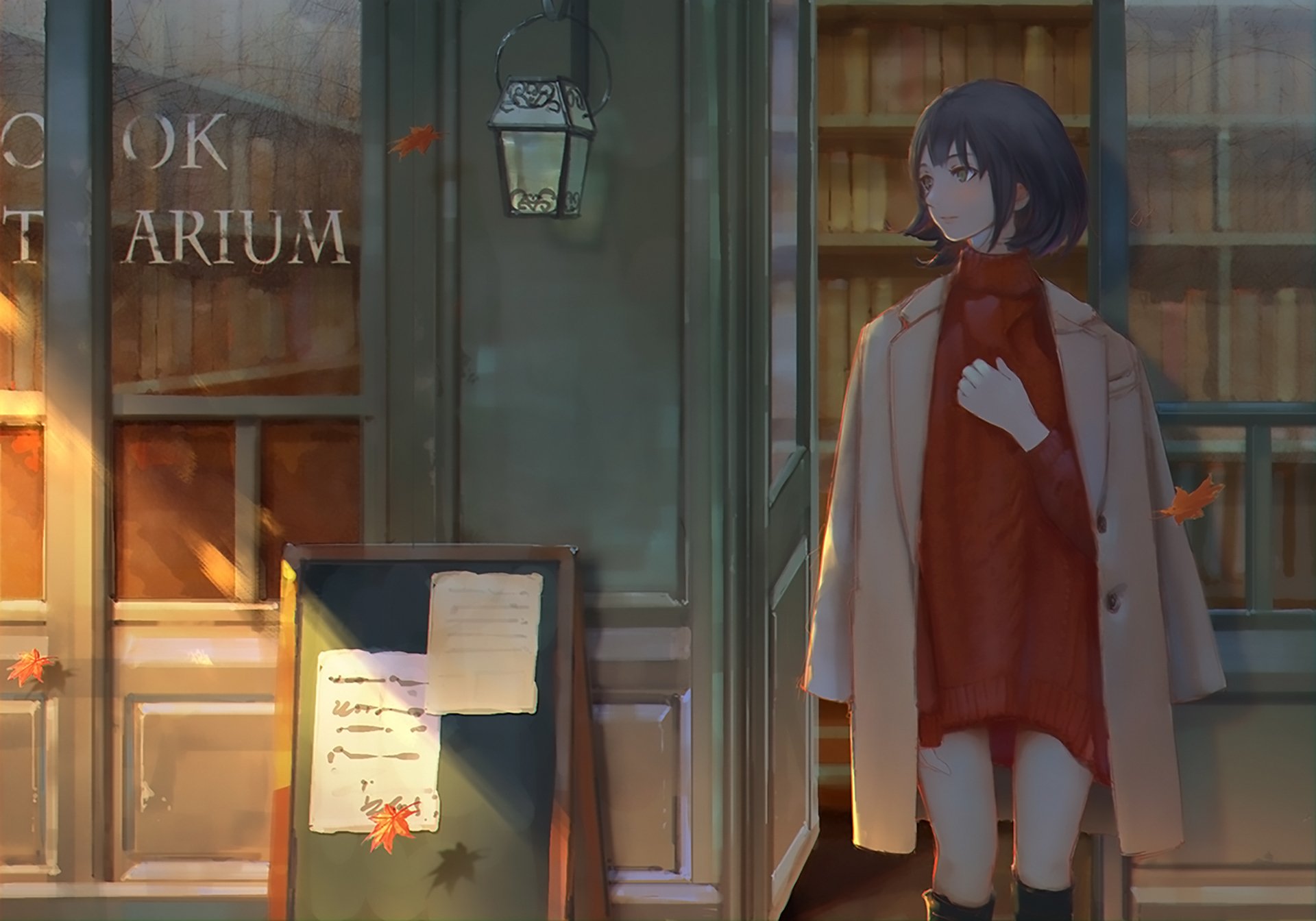 Anime-style original HD PC desktop wallpaper featuring a girl in a red sweater and beige coat standing near a building entrance in warm, muted tones.