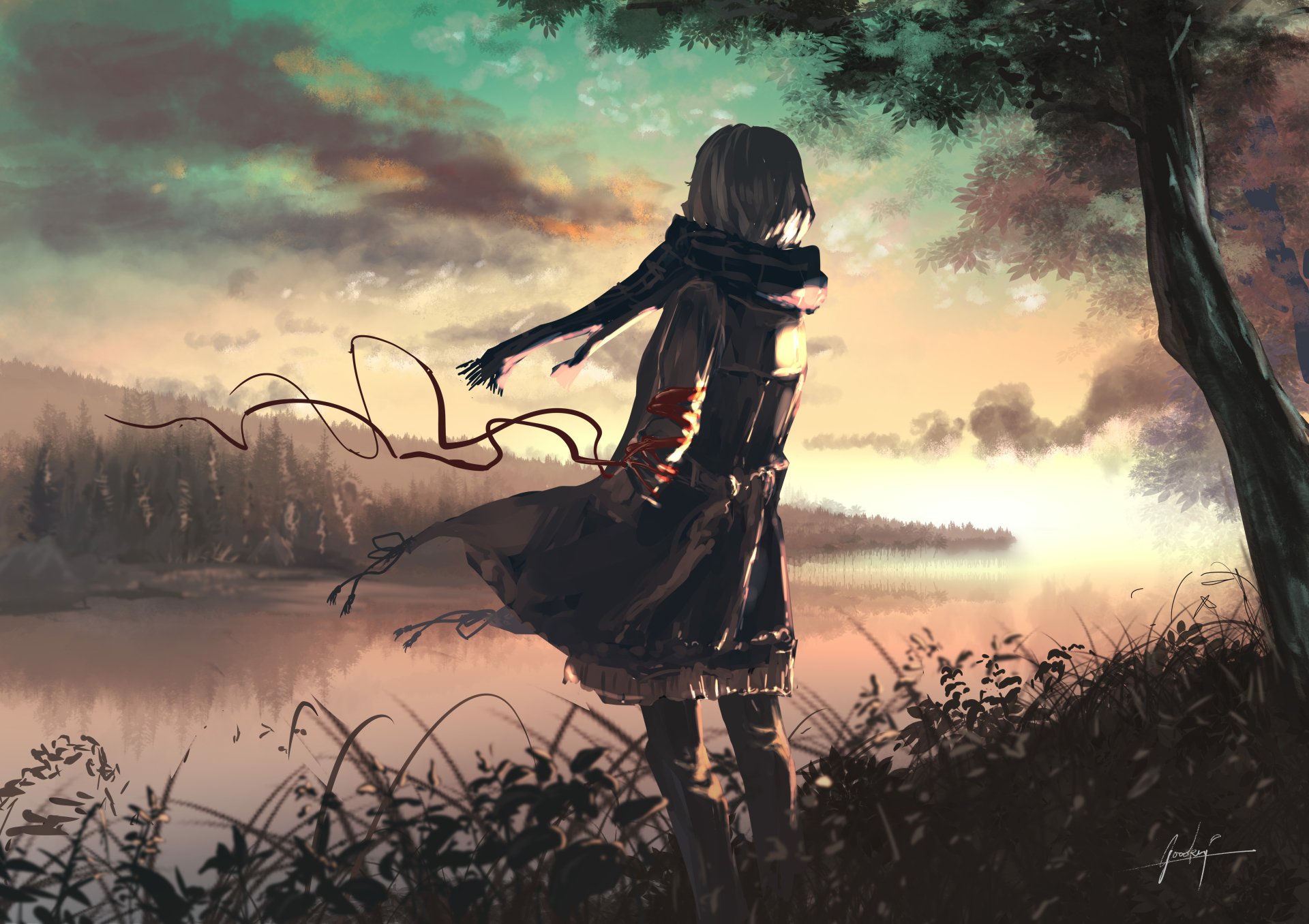 A serene anime scene at sunset featuring a lone figure by a tranquil lake, wrapped in a scarf. The HD original artwork captures a moment of reflection and calm, making it a stunning desktop wallpaper.