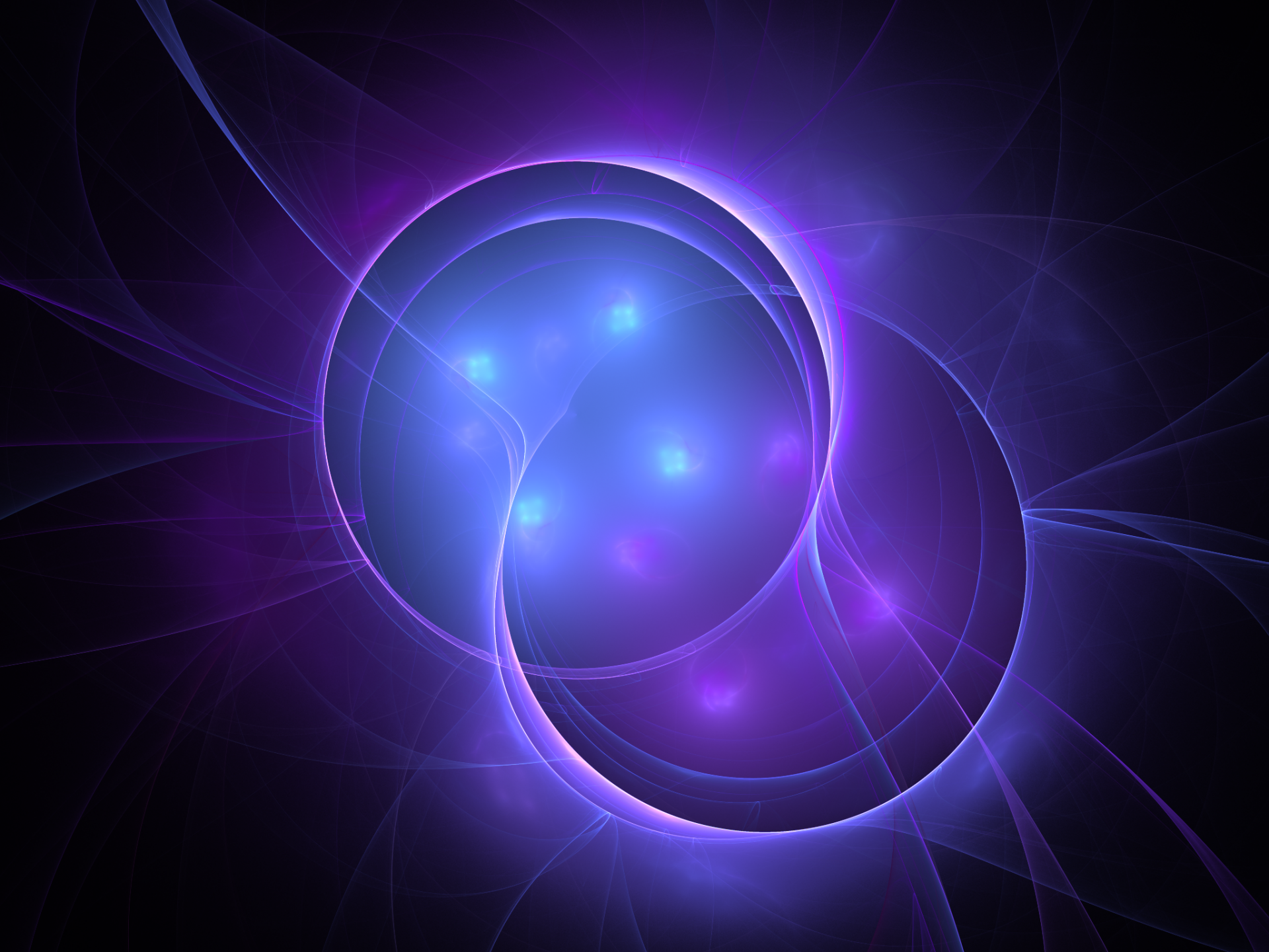 HD desktop wallpaper featuring a captivating abstract fractal created with Apophysis software. Displays a violet energy pattern with intertwined circular plasma shapes, radiating a mesmerizing glow.