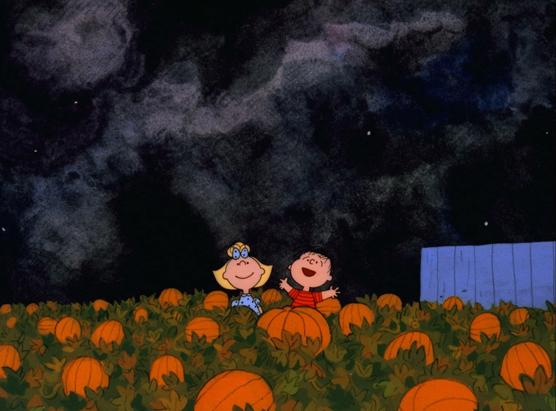 Linus van Pelt and Sally Brown laughing in a pumpkin patch beneath a starry sky from the movie It's the Great Pumpkin, Charlie Brown — 2K Quad HD PC desktop wallpaper.