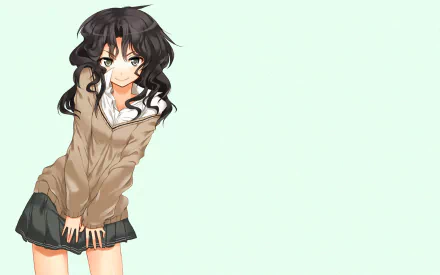 HD PC desktop wallpaper of Kaoru Tanamachi (Amagami), dark wavy hair, beige off-shoulder sweater and short skirt against a pale mint background.