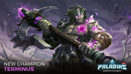 HD PC desktop wallpaper of Terminus (Paladins video game): a hulking stone champion with a glowing purple core and massive spiked mace against a stormy purple backdrop.