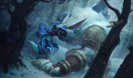 HD PC desktop wallpaper featuring Warwick from the video game League of Legends, depicted in a dark, snowy forest with glowing blue accents.