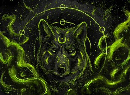 HD PC desktop wallpaper depicting a fantasy-themed wolf surrounded by glowing green smoke and mystical symbols against a dark background.