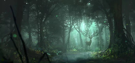 A mystical deer stands in an enchanting forest, surrounded by lush greenery, casting an ethereal glow in this HD fantasy landscape wallpaper and background.