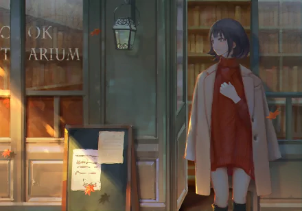 Anime-style original HD PC desktop wallpaper featuring a girl in a red sweater and beige coat standing near a building entrance in warm, muted tones.