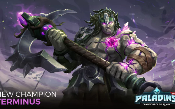 HD PC desktop wallpaper of Terminus (Paladins video game): a hulking stone champion with a glowing purple core and massive spiked mace against a stormy purple backdrop.