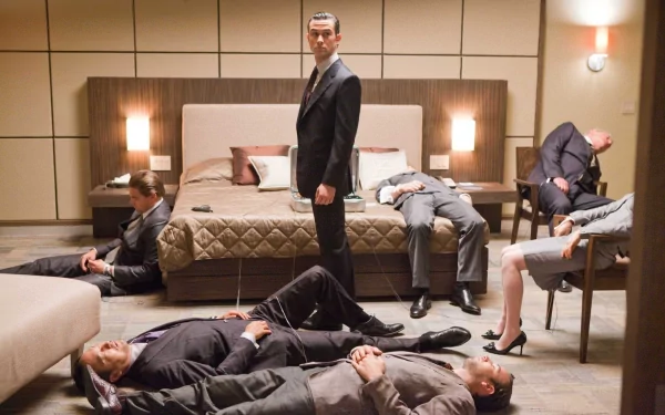 HD PC desktop wallpaper featuring Joseph Gordon-Levitt in a scene from the movie Inception, standing in a modern bedroom with several people lying around him.