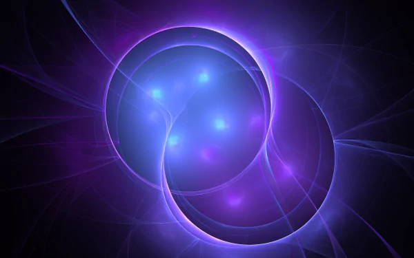 HD desktop wallpaper featuring a captivating abstract fractal created with Apophysis software. Displays a violet energy pattern with intertwined circular plasma shapes, radiating a mesmerizing glow.