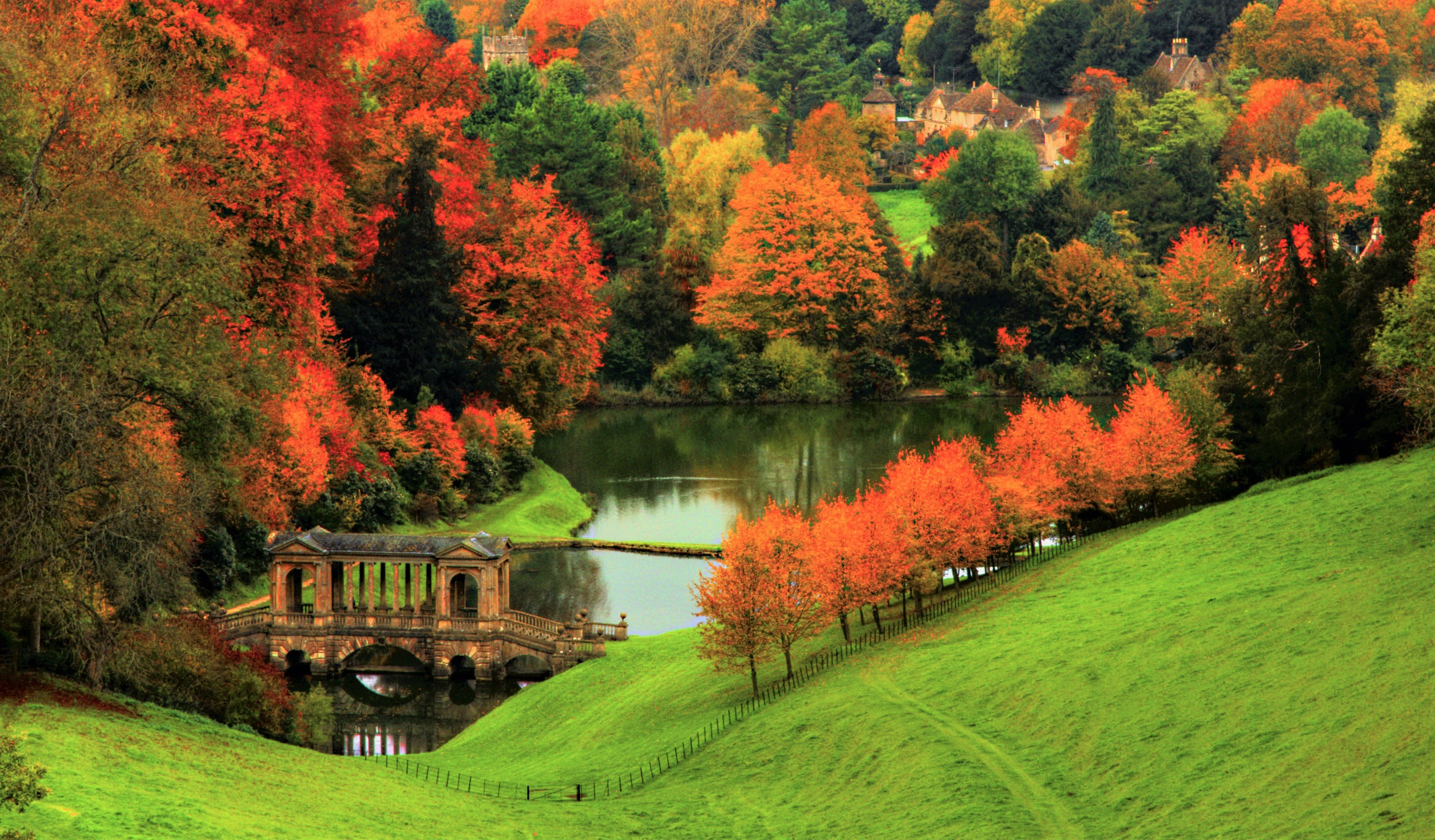 Download Colorful Bridge Tree Forest Lake House Town Photography Fall ...