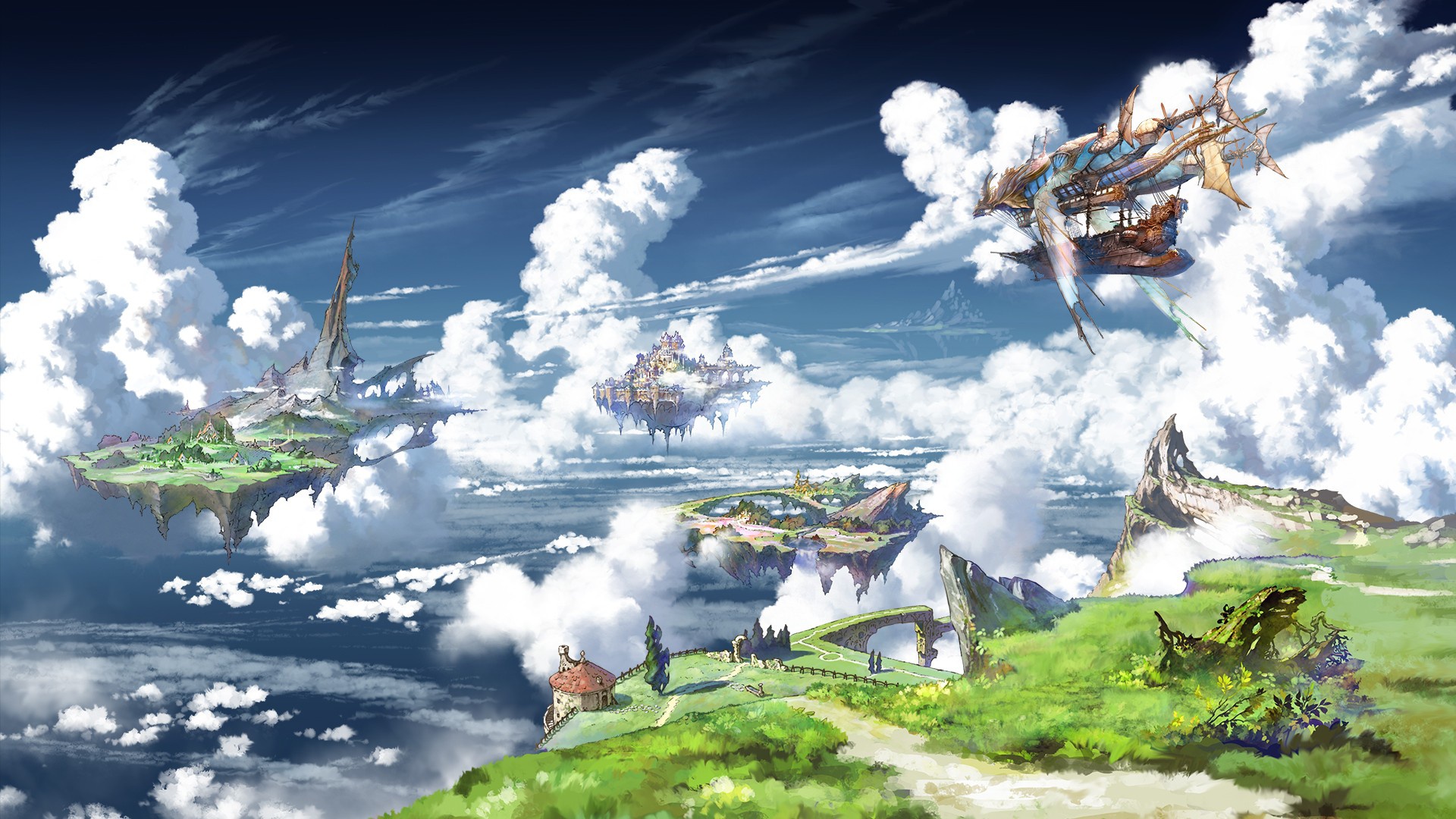 HD wallpaper anime fantasy world landscape girl back view clouds  towers  Wallpaper Flare