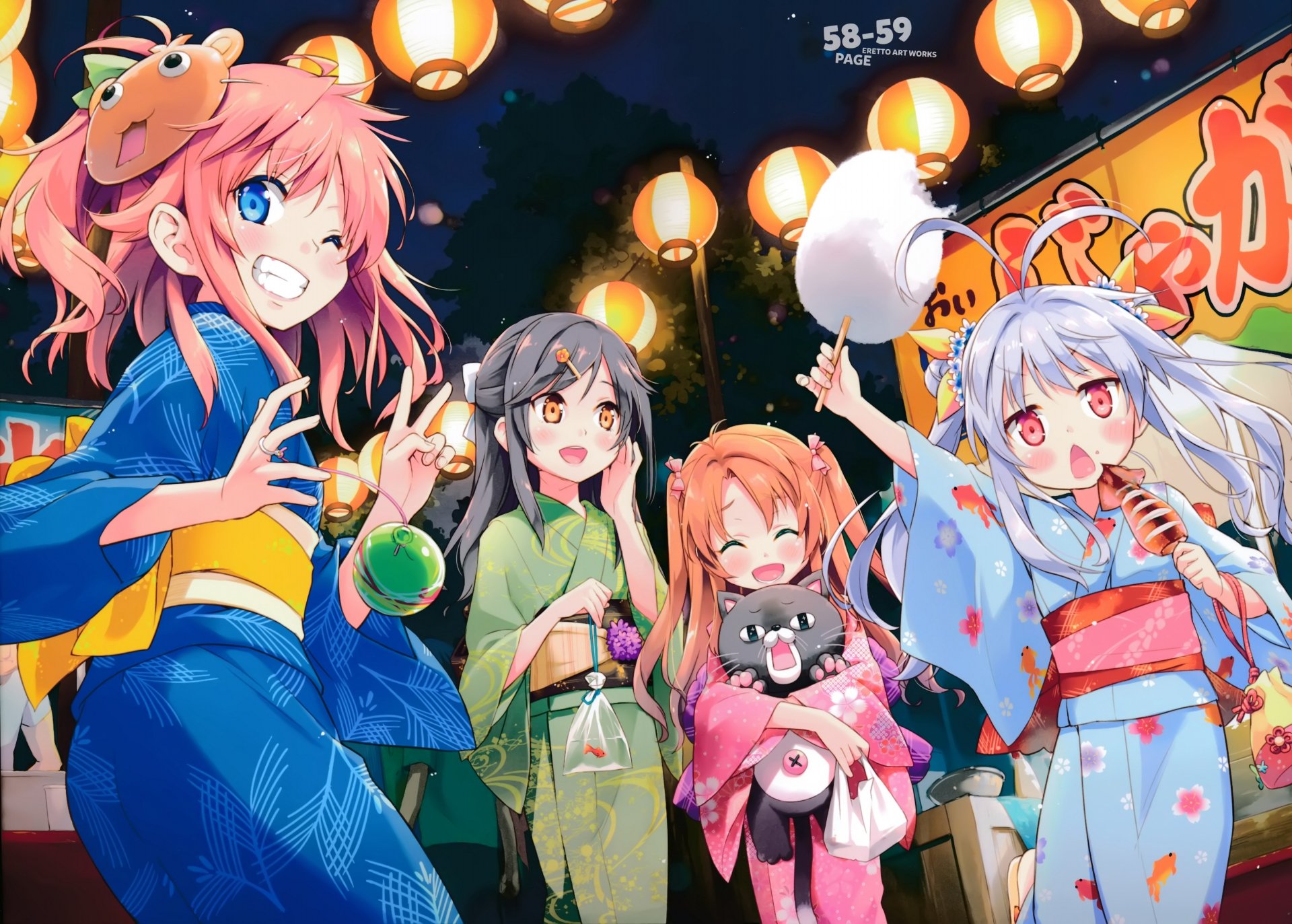 Renge Miyauchi, Natsumi Koshigaya, Komari Koshigaya, and Hotaru Ichijou from Non Non Biyori in colorful yukatas at a vibrant festival, 4K Ultra HD anime desktop wallpaper.