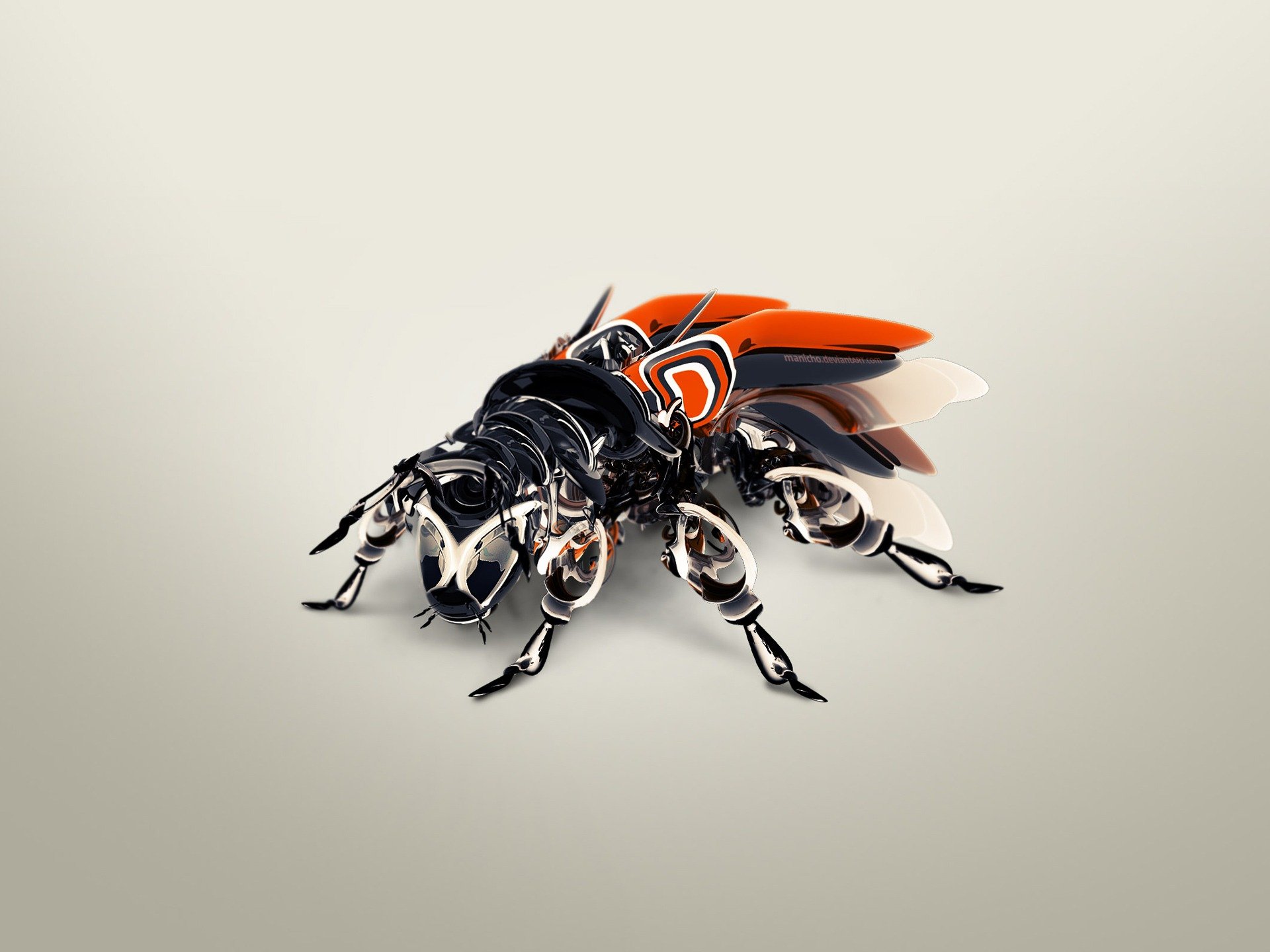 A futuristic CGI depiction of a robotic fly, combining elements of insects and technology with vibrant orange and black detailing, set against a minimalistic background.